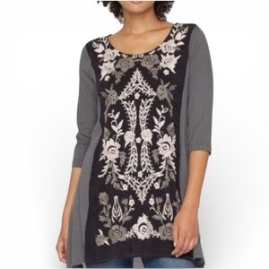 Johnny Was Nova Geo Floral Embroidered Panel Tunic Gray Dress